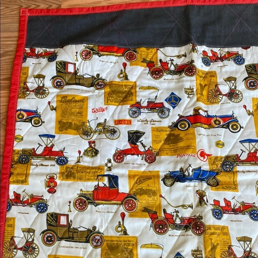 Vintage Car Print Quilt with Red and Black Border Cottagecore Retro Prairie